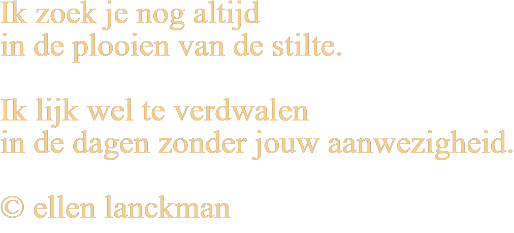 Ik zoek je nog altijd in de plooien van de stilte. Ik lijk wel te verdwalen in de dagen zonder jouw aanwezigheid. © ellen lanckman